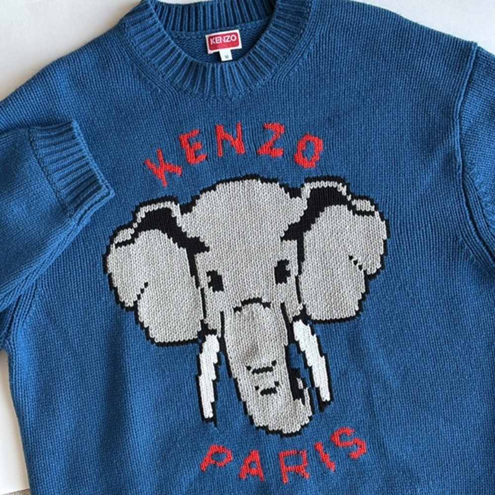 Rare Kenzo Paris Blue Elephant Wool Heavy Knit Logo Sweater Men’s Size Medium